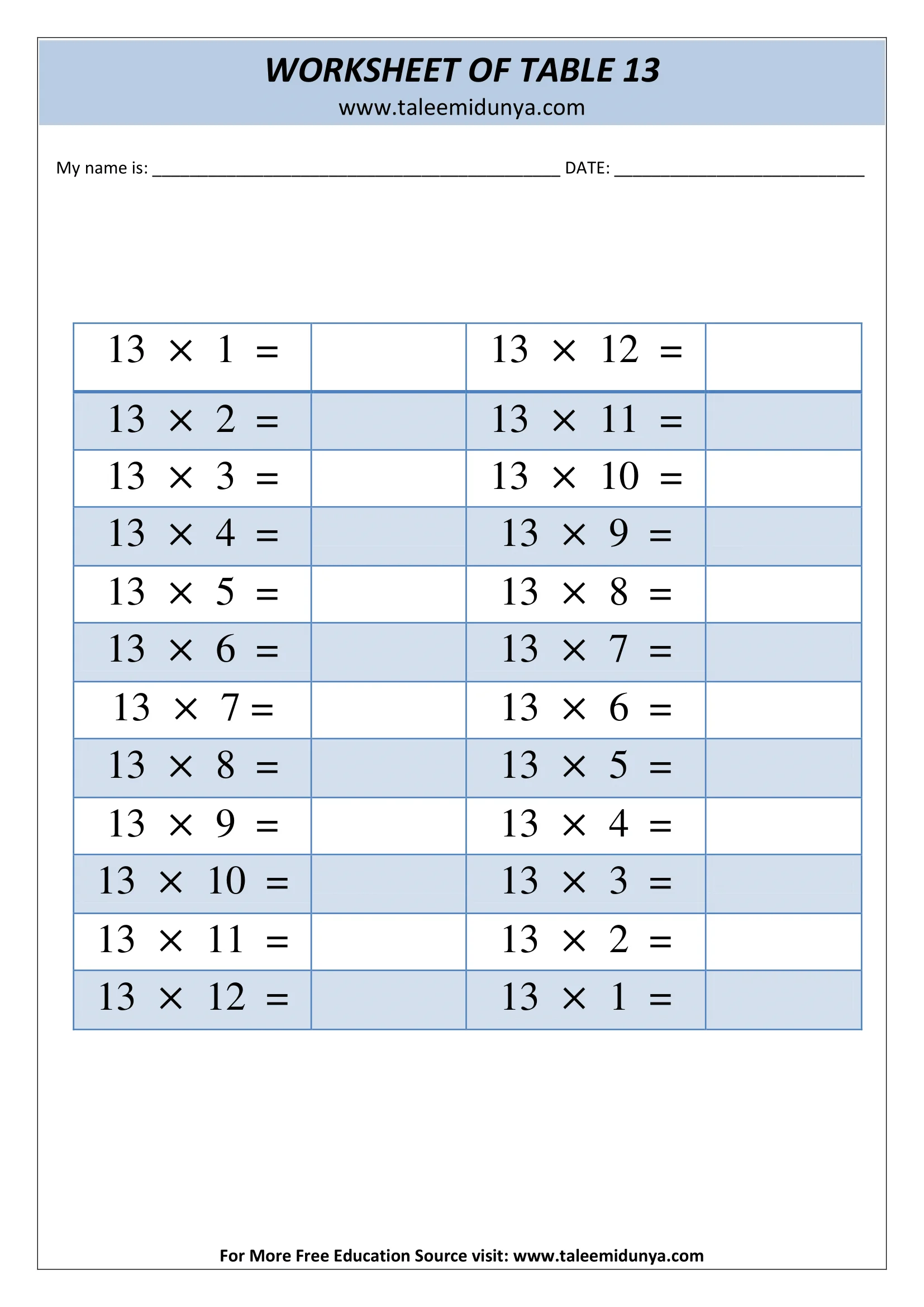 table of  13